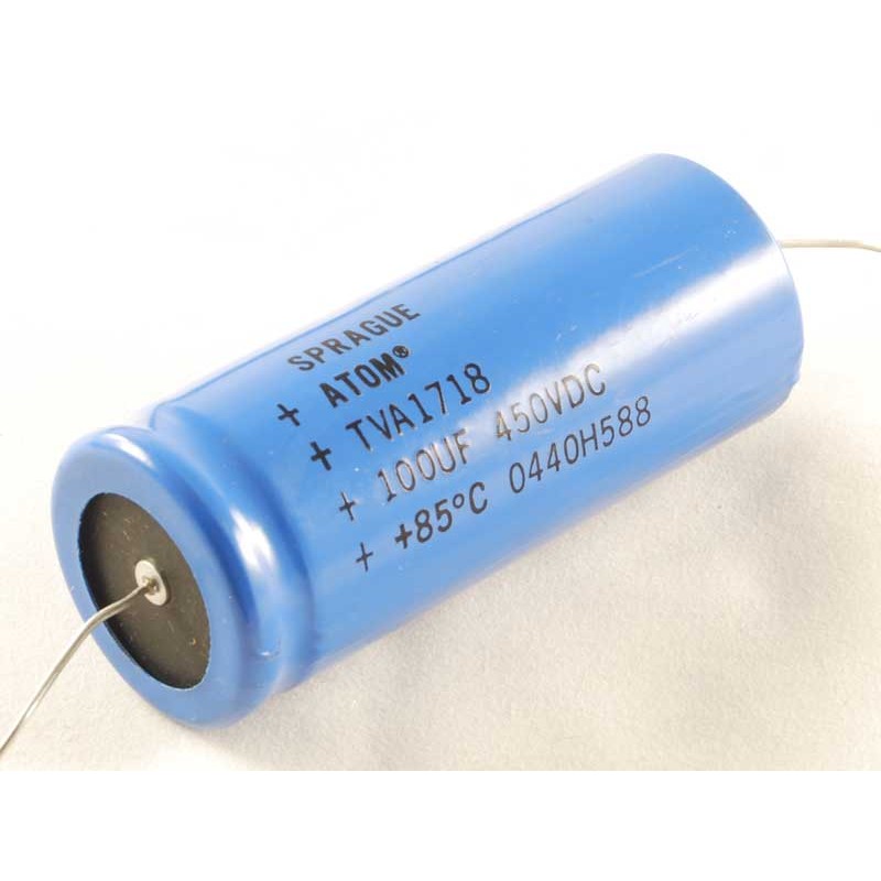 Condensatore elettrolitico orizzontale da 100 uF 450 V Sprague Atom Condensatore elettrolitico orizzontale da 100 uF 450 V Sprague Atom